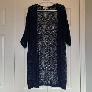 Navy Crocheted Long Cardigan